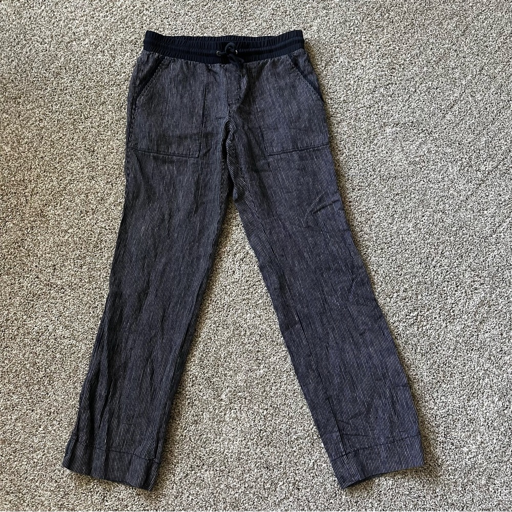 Athleta size 6 navy blue linen pants, white stripes, drawstring waist, pockets - Picture 3 of 8